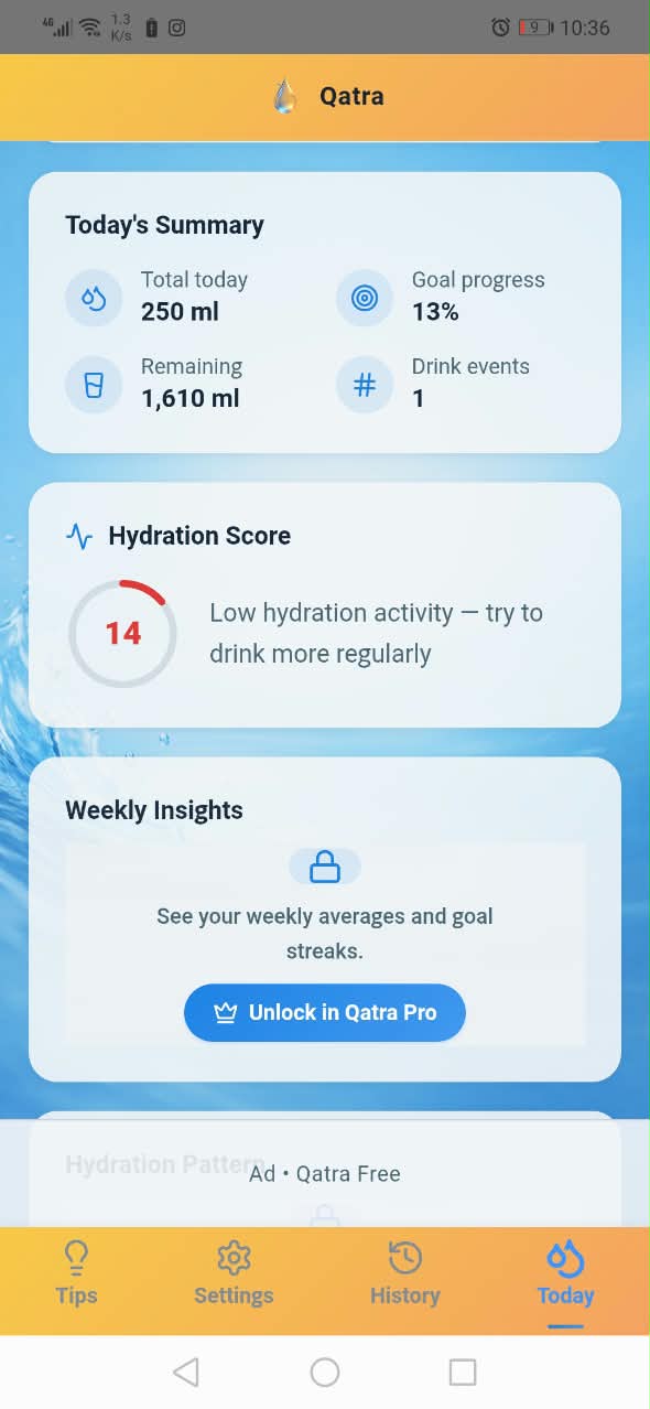 Qatra daily summary showing water intake, remaining goal, hydration score, and weekly insights