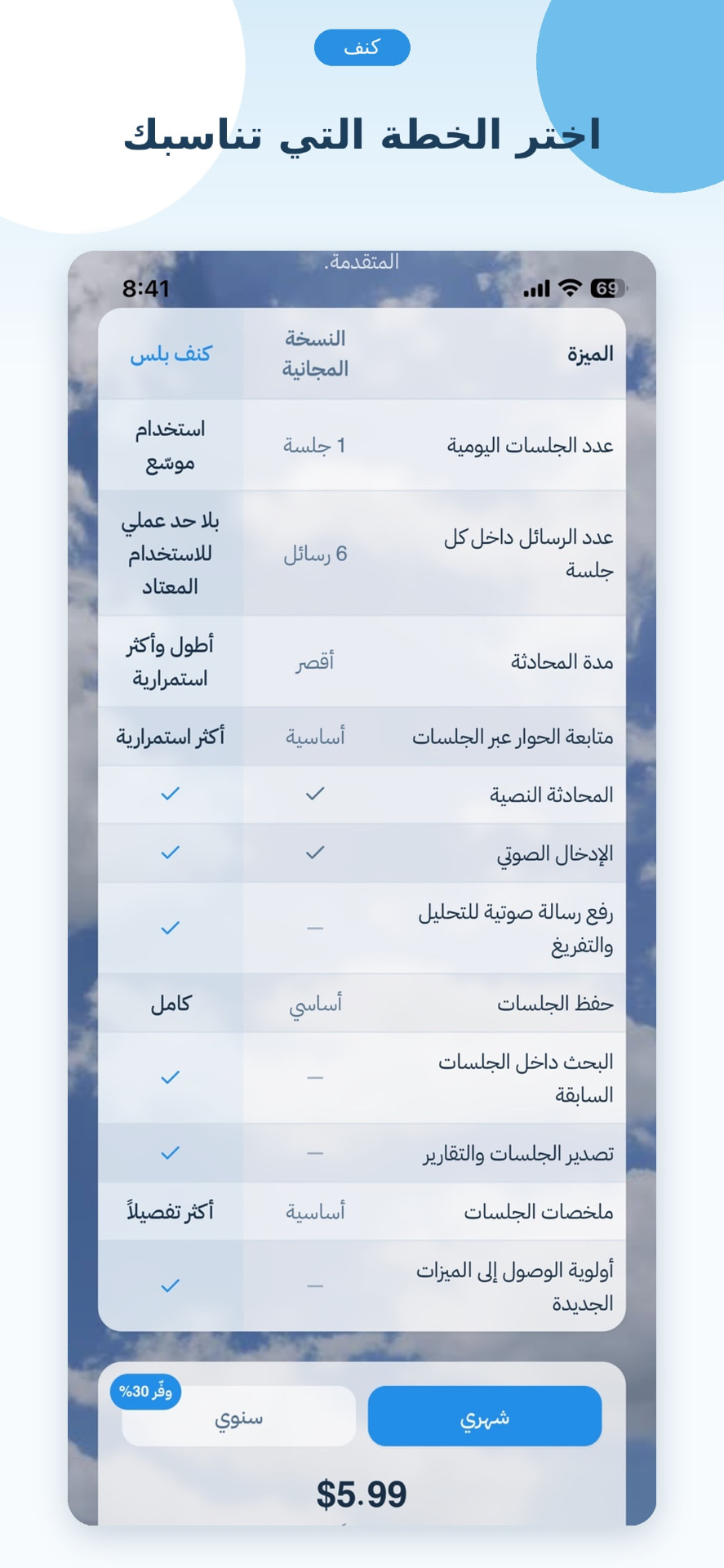 Kanaf subscription plan comparison screen